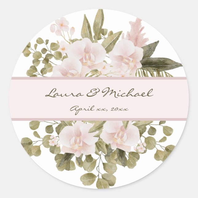 Elegant Blush Pink Floral Wedding Classic Round Sticker (Front)