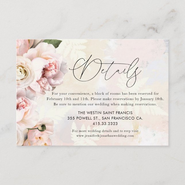 Elegant Blush Pink Floral Wedding Details Enclosure Card (Front)