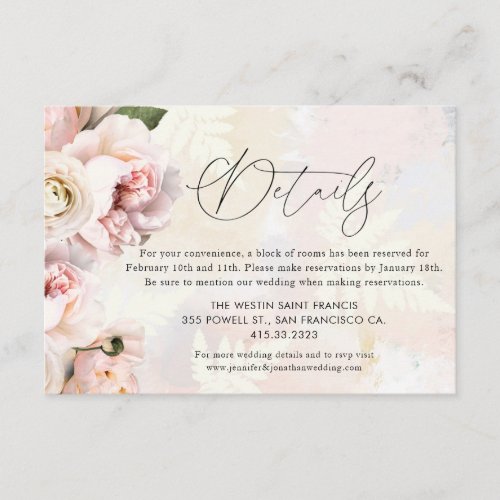 Elegant Blush Pink Floral Wedding Details Enclosure Card