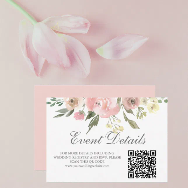 Elegant Blush Pink Floral Wedding Details QR Code RSVP Card | Zazzle