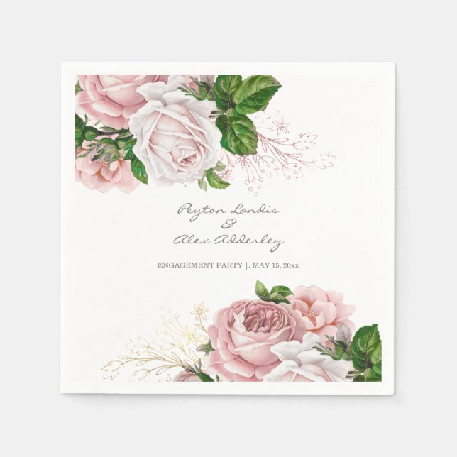 Elegant Blush Pink Floral Wedding Engagement Names Napkins (Front)