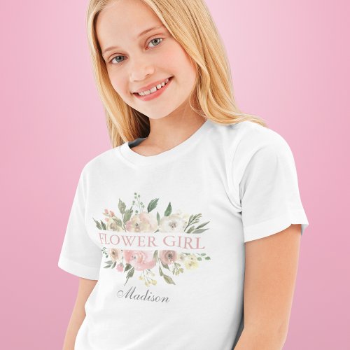 Elegant Blush Pink Floral Wedding Flower Girl Kids T_Shirt