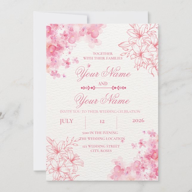 Elegant Blush Pink Floral Wedding Invitation (Front)