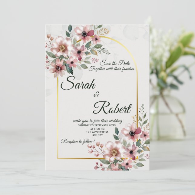 Elegant Blush Pink Floral Wedding Invitation (Standing Front)