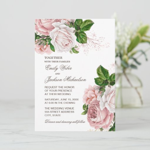 Elegant Blush Pink Floral Wedding Invitation | Zazzle