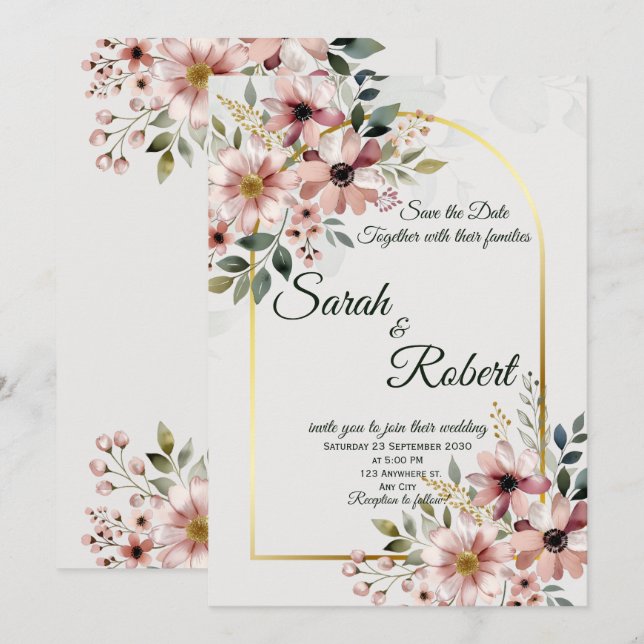 Elegant Blush Pink Floral Wedding Invitation (Front/Back)
