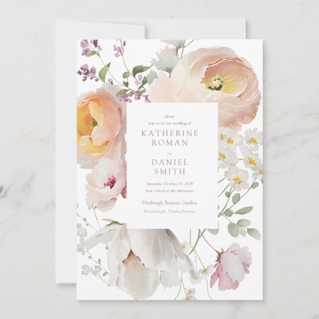 Elegant Blush Pink Floral Wedding Invitations (Front)