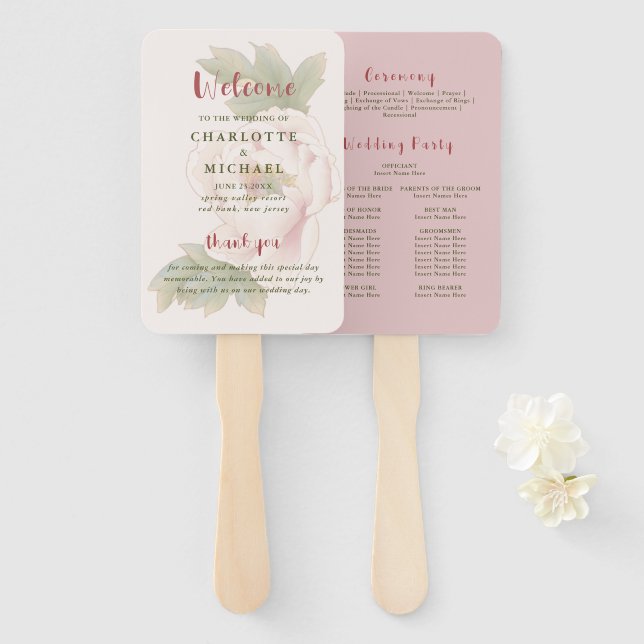 Elegant Blush Pink Floral Wedding Program  Hand Fan (Front and Back)