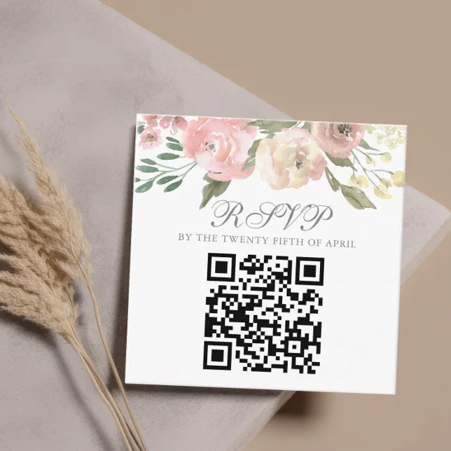 Elegant Blush Pink Floral Wedding QR Code RSVP Enclosure Card | Zazzle