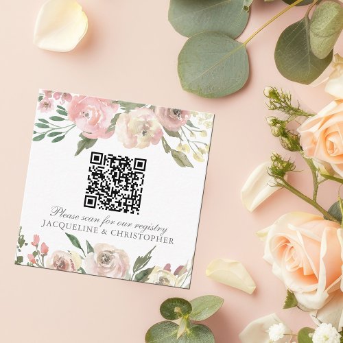 Elegant Blush Pink Floral Wedding Registry QR Code Enclosure Card