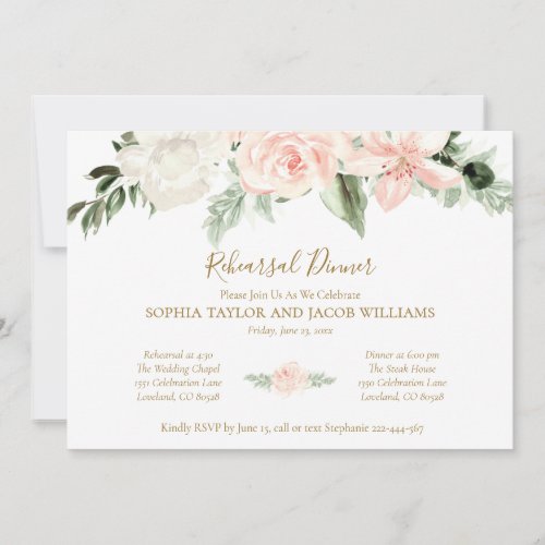 Elegant Blush Pink Floral Wedding Rehearsal Dinner Invitation