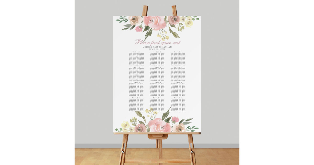 Elegant Blush Pink Floral Wedding Seating Chart Foam Board | Zazzle
