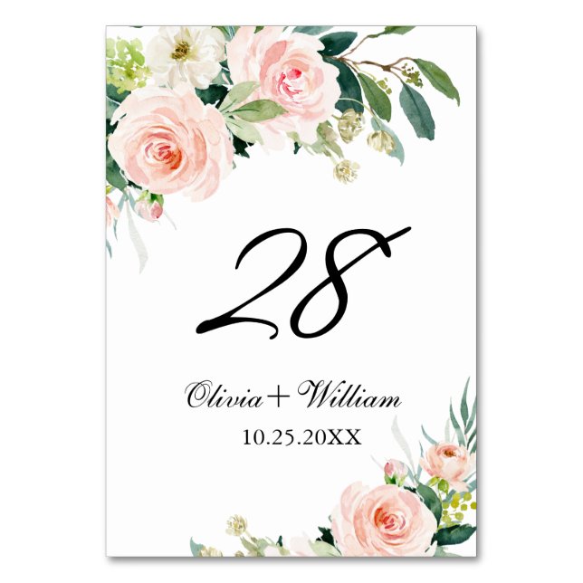 Elegant Blush Pink Floral Wedding Table Number (Front)