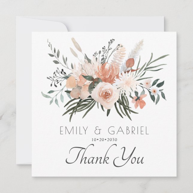 Elegant Blush Pink Floral Wedding  Thank You Card (Front)