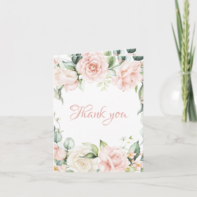 Elegant Blush Pink Floral Wedding Thank You Card (Front)
