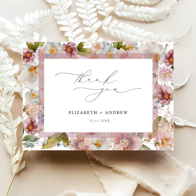 Elegant Blush Pink Floral Wedding Thank You Card | Zazzle