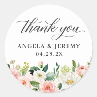 Elegant Blush Pink Floral Wedding Thank You Classic Round Sticker | Zazzle