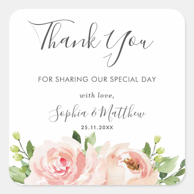 Elegant Blush Pink Floral Wedding Thank You Favor Square Sticker | Zazzle