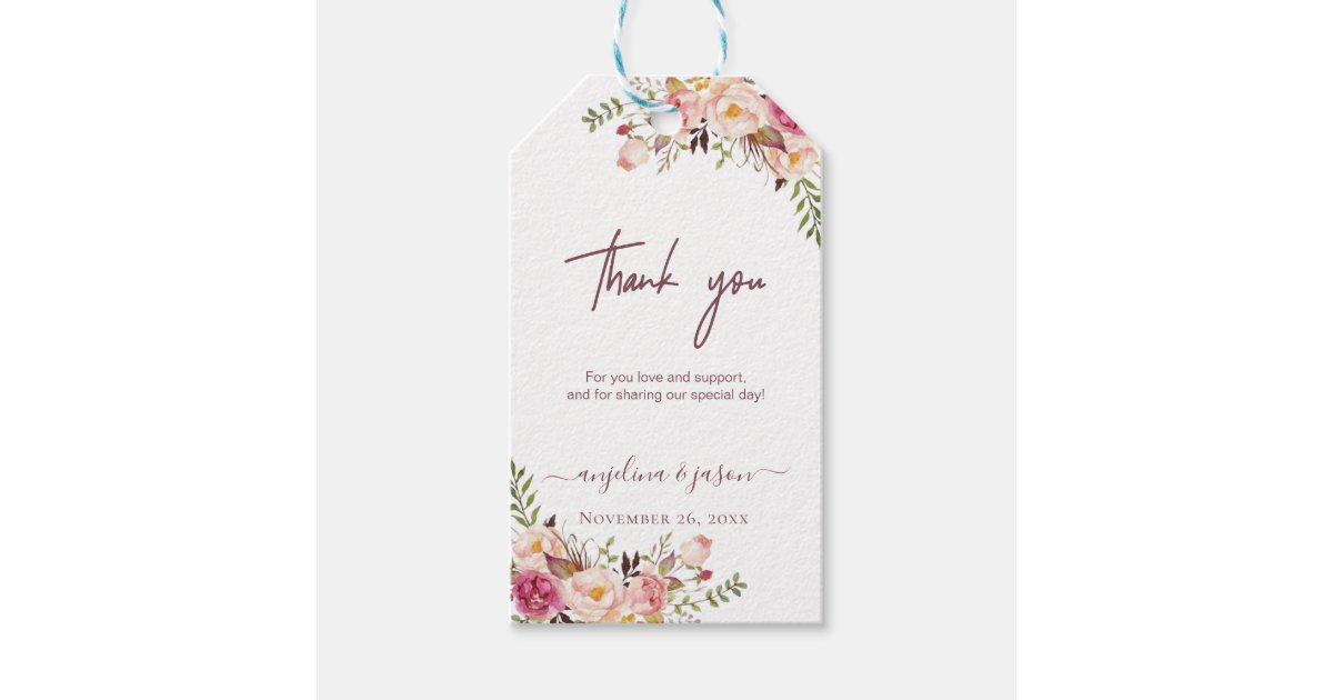 Elegant Blush Pink Floral Wedding Thank you Gift Tags | Zazzle