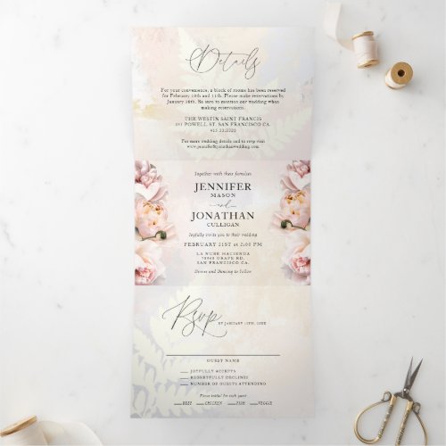 Elegant Blush Pink Floral Wedding  Tri_Fold Invitation