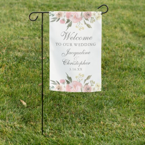 Elegant Blush Pink Floral Welcome to our Wedding Garden Flag