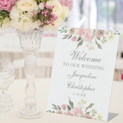 Elegant Blush Pink Floral Welcome to our Wedding Pedestal Sign