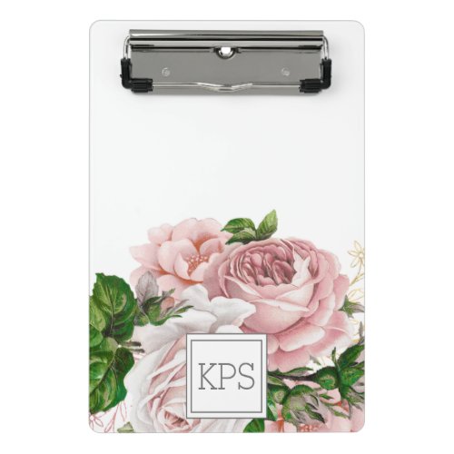 Elegant Blush Pink Floral White Monogram Initials Mini Clipboard