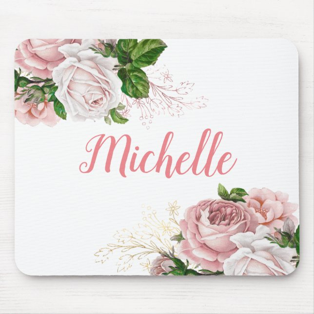 Elegant Blush Pink Floral White Mouse Pad (Front)