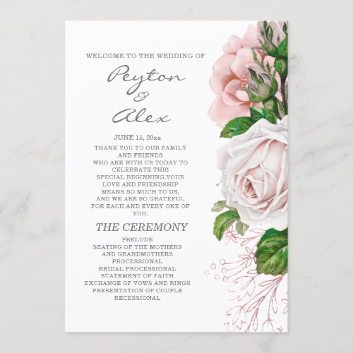 Elegant Blush Pink Floral White Wedding Program