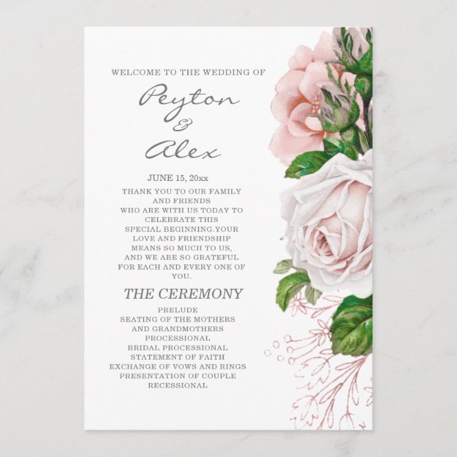 Elegant Blush Pink Floral White Wedding Program (Front)