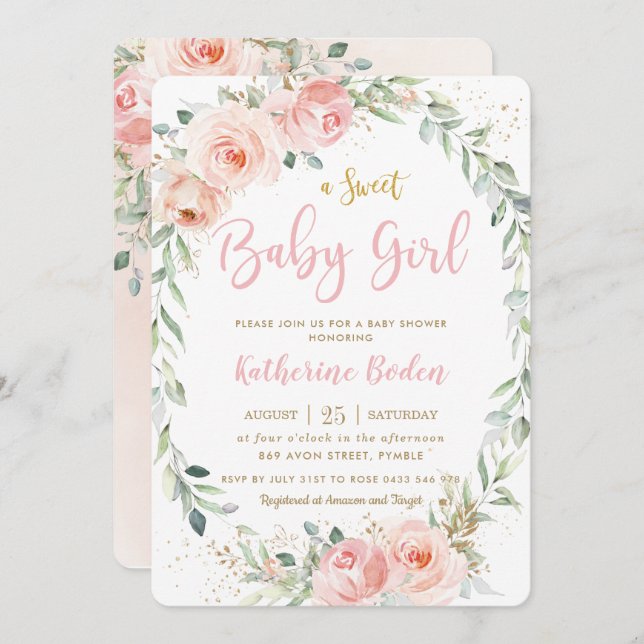 Elegant Blush Pink Floral Wreath Girl Baby Shower  Invitation (Front/Back)
