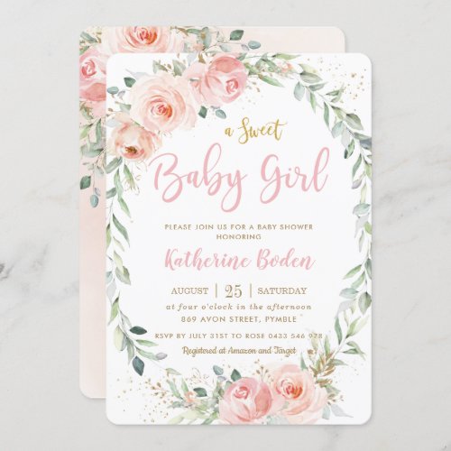 Elegant Blush Pink Floral Wreath Girl Baby Shower  Invitation