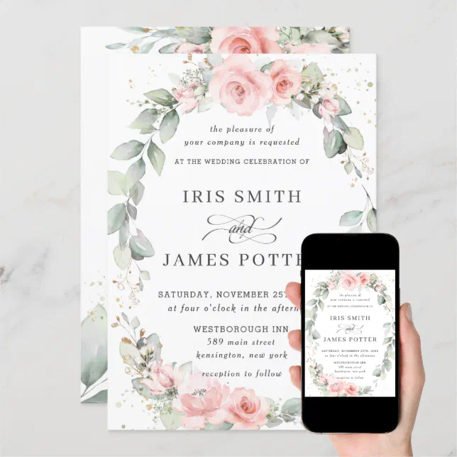 Elegant Blush Pink Floral Wreath Leafy Wedding Invitation | Zazzle