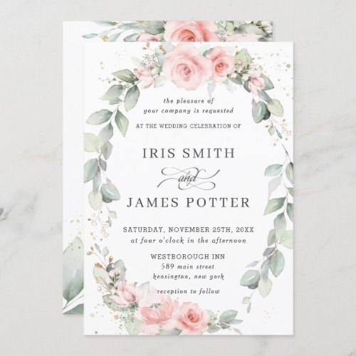Elegant Blush Pink Floral Wreath Leafy Wedding Invitation