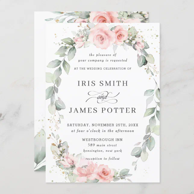 Elegant Blush Pink Floral Wreath Leafy Wedding Invitation | Zazzle