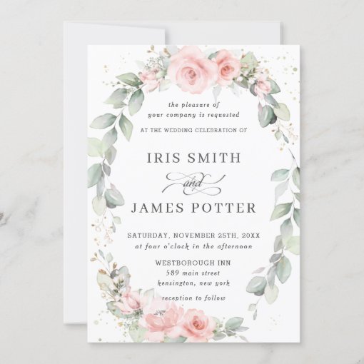 Elegant Blush Pink Floral Wreath Leafy Wedding Invitation | Zazzle