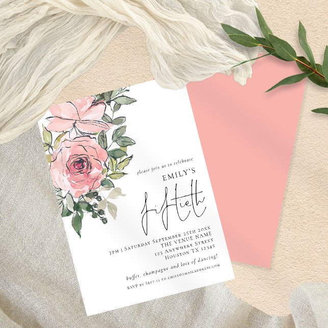 Elegant Blush Pink Florals Fiftieth Birthday Party Invitation (Creator Uploaded)