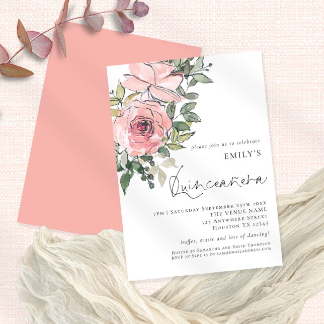 Elegant Blush Pink Florals Quinceañera 15th Party Invitation