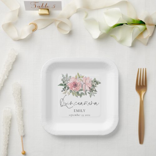 Elegant Blush Pink Florals Quinceaera Party Paper Plates