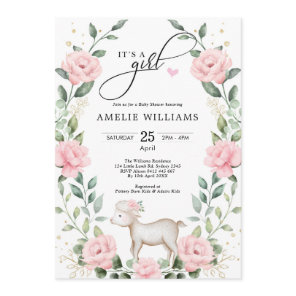 Elegant Blush Pink Flower Lamb Girl Baby Shower Invitation