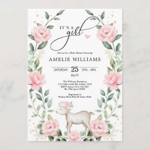 Elegant Blush Pink Flower Lamb Girl Baby Shower Invitation