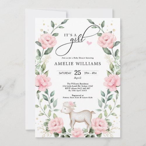 Elegant Blush Pink Flower Lamb Girl Baby Shower Invitation