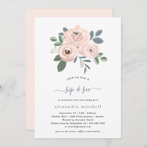 Elegant Blush Pink Flowers  Baby Sip and See Invitation