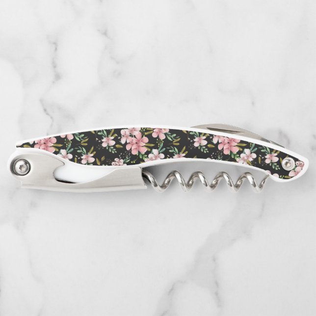 Elegant Blush Pink Flowers Black Party Wine Waiter's Corkscrew (Front)