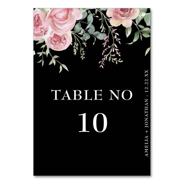 Elegant Blush pink Flowers Black Wedding  Table Number (Front)