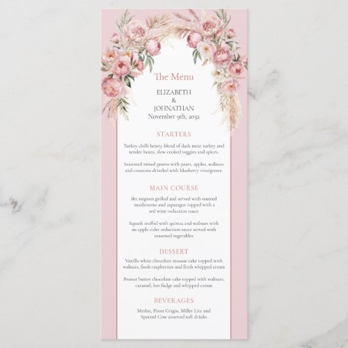 Elegant blush pink flowers boho arch pampas menu