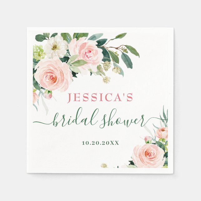 Elegant Blush Pink Flowers Bridal Shower Napkins (Front)
