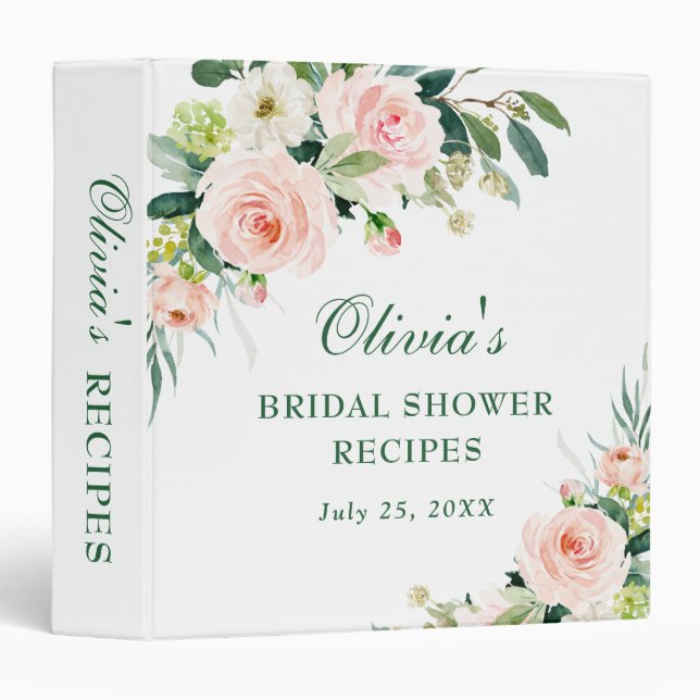 Elegant Blush Pink Flowers Bridal Shower Recipe 3 Ring Binder (Front/Spine)