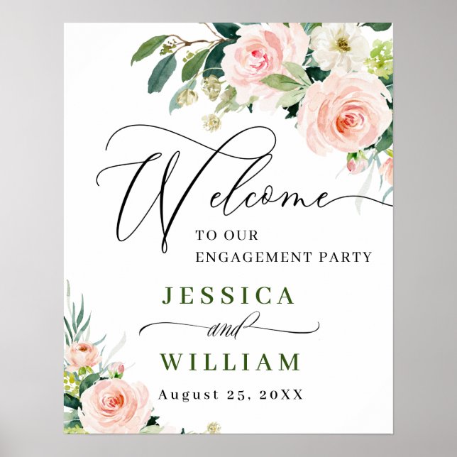 Elegant Blush Pink Flowers Engagement Party Poster (Front)