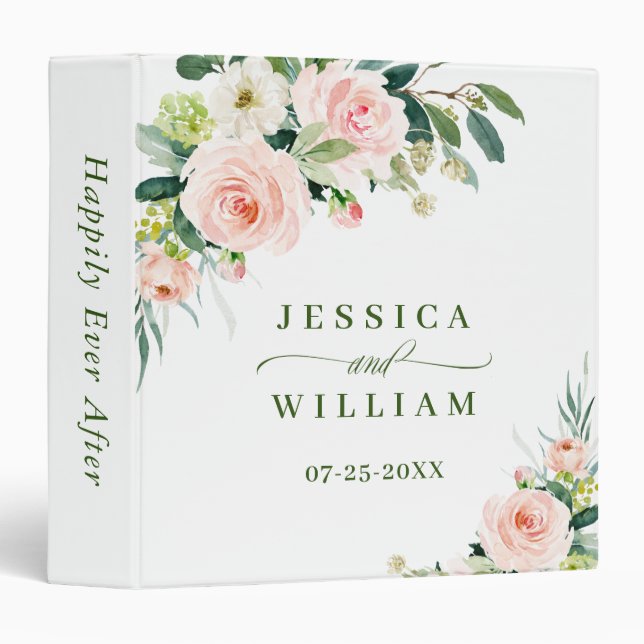 Elegant Blush Pink Flowers Floral Boho Wedding 3 Ring Binder (Front/Spine)